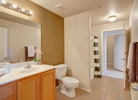 Bright bathroom here at Dobson Towne Centre Apartments with a white sink on a wooden cabinet, large mirror, and overhead lights. A toilet and shower with a striped curtain are visible.