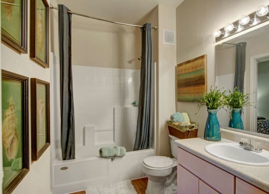 Cozy bathroom here at Pala Mesa Apartments with white fixtures, gray shower curtain, and pine cabinets. Wall art and potted plant add color. Soft lighting creates a warm ambiance.