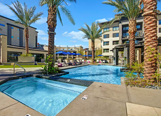 Modern outdoor pool area here at Roosevelt Row Apartments with palm trees, a jacuzzi, and poolside lounge chairs under umbrellas. Sunny day with a hotel building in the background.