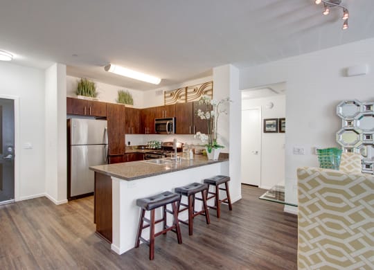 Modern kitchen here at Artisan at Main Street Metro Apartments with dark wood cabinets, stainless steel appliances, and a granite island featuring bar stools. Bright, airy, with decorative plants.