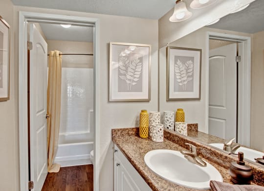 Modern bathroom here at Castlepark Apartment Homes with beige walls, framed leaf art, and a granite countertop. Features a white sink, decorative vases, and cozy lighting, creating a warm ambiance.