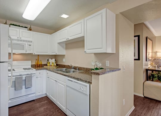 Bright kitchen here at Castlepark Apartment Homes with white cabinets, granite countertops, and stainless steel sink. Modern stove and microwave. Warm, inviting tone.