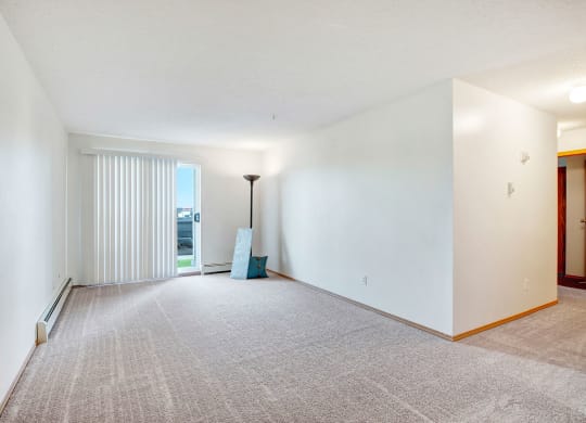 Spacious empty room here at Edgewood Estates Apartment Homes with carpeted floor, white walls, and vertical blinds covering a glass door leading outside. A floor lamp and a cushion add minimal decor.
