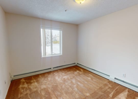 Empty bedroom here at The Pointe at Applewood with beige walls and a brown carpet. A window on the left shows a snowy outdoor scene. Soft lighting creates a calm, inviting atmosphere.