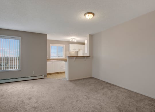 Spacious living room here at The Pointe at Applewood with beige carpet and neutral walls, featuring a partly visible kitchen with white cabinets and a window, creating a calm and inviting ambiance.