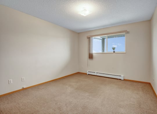 Empty room here at Westhaven Estates Apartment Homes with beige walls and carpet, a large window showing a clear blue sky, vertical blinds, and a small plant on the windowsill. Calm and neutral tone.