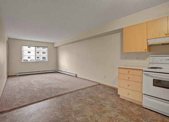 Empty apartment here at Westhaven Estates Apartment Homes with beige walls, featuring a carpeted living area and a small kitchen with light wood cabinets. A window offers natural light.