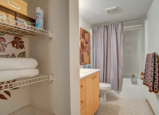 Bathroom here at Windsor Terrace Apartment Homes with beige cabinets, a white sink, and brown circular artwork. Gray shower curtain, towels with geometric patterns, and a shelf with white towels. Clean and organized.