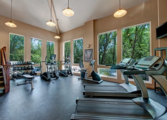 Bright gym interior here at Cheyenne Creek Apartment Homes with large windows showing trees outside. Contains treadmills, ellipticals, and weights, creating an energetic, focused atmosphere.