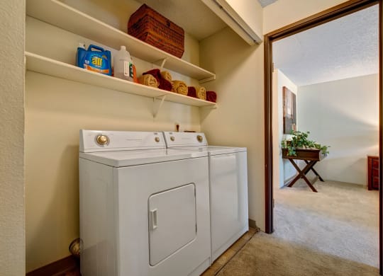 Small laundry area here at Eagle Ridge Apartment Homes with a white washer and dryer. Shelves above hold detergent and folded towels. An adjoining room with a plant and artwork is visible.