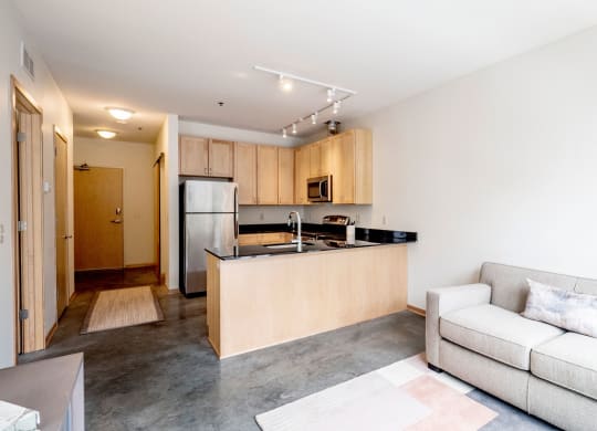 Modern living room here at 7west Apartment Homes with a gray sofa and a pastel rug, adjacent to a kitchen featuring light wood cabinets and stainless steel appliances. Bright and minimalist.