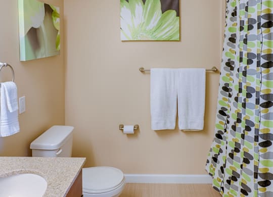 Modern bathroom here at Dakota Ridge Apartment Homes with beige walls, featuring a granite countertop, white towels on a metal rack, floral artwork, and a shower curtain with green and gray patterns.