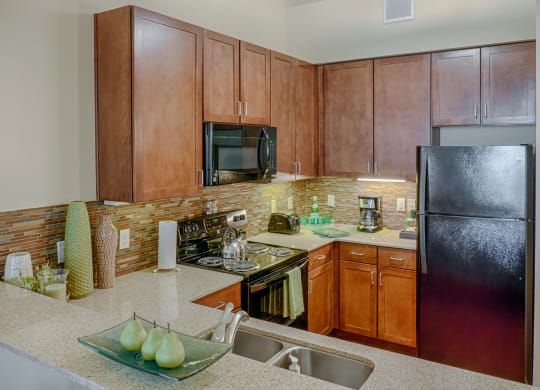 Modern kitchen here at Dakota Ridge Apartment Homes with wood cabinets, black appliances, and beige countertops. Decorative vases and artificial pears add a cozy, inviting touch.