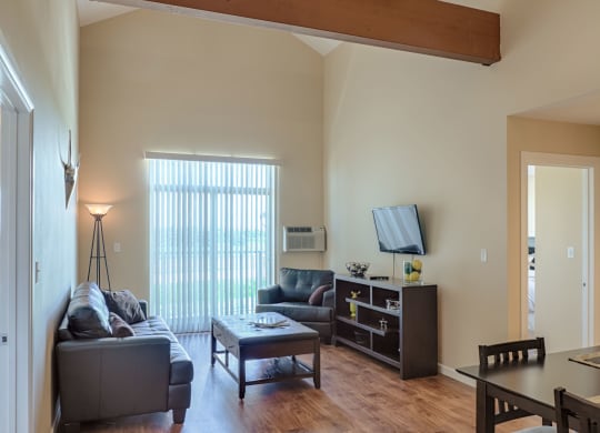 Spacious living room here at Dakota Ridge Apartment Homes with high ceiling and wooden beam, featuring two gray sofas, a flat-screen TV, and a dining area. Vertical blinds let in soft daylight.