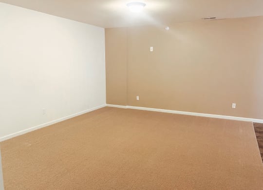 Empty living room here at Phoenix Ridge Apartment Homes with beige carpet, two-tone walls, and a single ceiling light. The ambiance is neutral and clean, ready for furnishing.