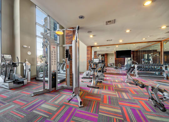 Bright, spacious gym here at the Enclave at Brookside Apartments with vibrant multicolored carpet, modern exercise equipment including ellipticals and weights. Large windows provide natural light.
