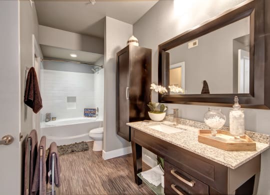 Modern bathroom here at the Enclave at Brookside Apartments with dark wood accents, featuring a granite-topped vanity with a large mirror. A white bathtub has a gray mat, and the floor is wooden. Elegant and clean design.