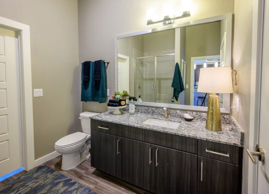 Harmony Luxury Apartments large bathroom with wooden floors