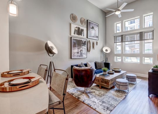 Waterford Market Apartments living room with tall ceilings, ceilings fan and good lighting Apartments near Dallas, TX