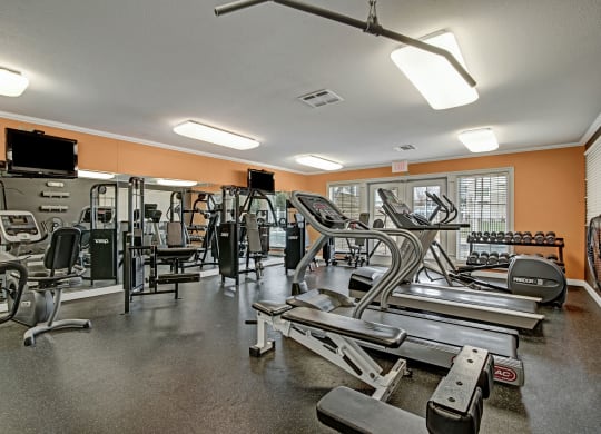 Modern gym at Arbor Ridge Apartments with treadmills, weight machines, and dumbbells against orange walls and mirrors. Bright, clean atmosphere with natural light.