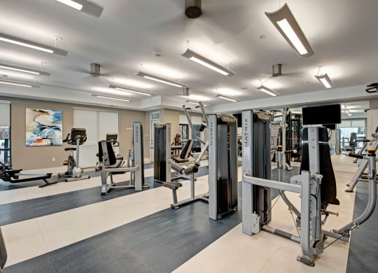 Spacious gym with various exercise machines, including ellipticals and weight stations. Bright lighting, modern decor, and an abstract painting enhance the ambiance at River House Apartments.