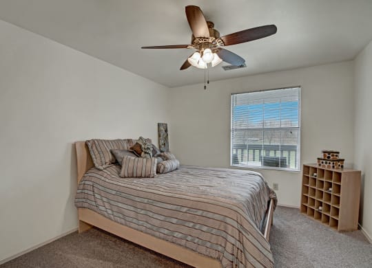 Bedroom with a cozy striped bed under a ceiling fan. A window with blinds lets in light, and a wooden shelf holds patterned boxes, creating a warm, inviting atmosphere at St. James Place Apartments.