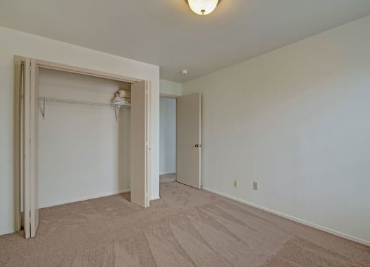 Empty room with beige carpet and white walls. Open closet with shelves, closed door, and ceiling light. The space feels clean and simple at St. James Place Apartments.