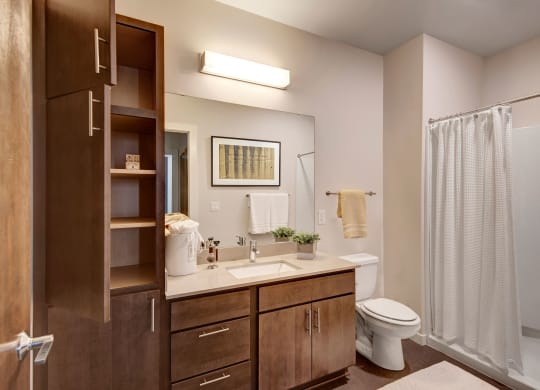 Modern bathroom with wooden cabinets, white countertop, and sink beside a toilet. A shower with a white curtain is on the right at Stitchweld Apartments.