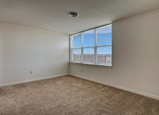 A bright bedroom here at Latitude featuring large sunlit windows, soft carpet flooring, and a spacious empty layout, creating a clean, open, and inviting space ready for personalization.