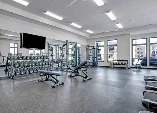 A modern fitness center here at The Lafayette with weight machines, free weights, and workout benches. A large mirror wall, mounted TV, and bright windows create an open, energizing workout space.