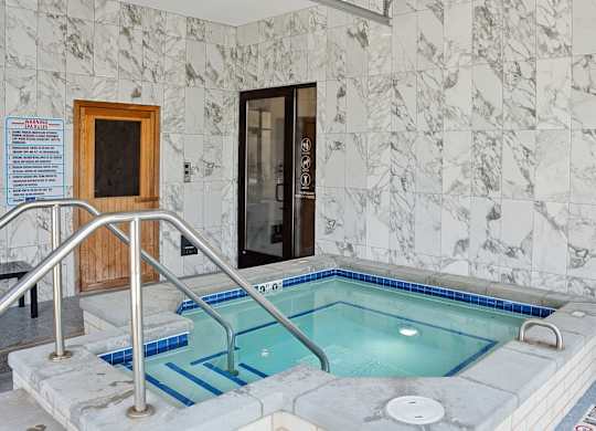 A small indoor pool with a marble wall.