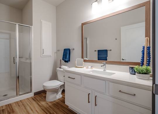 A modern bathroom here at Van Buren East with a glass-enclosed shower and white vanity. A large mirror, bright lighting, and wood-style flooring create a clean, fresh, and inviting atmosphere.