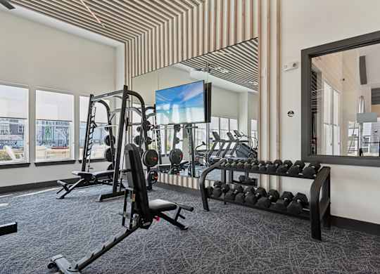 A gym with a variety of equipment including a treadmill, weights, and a television.