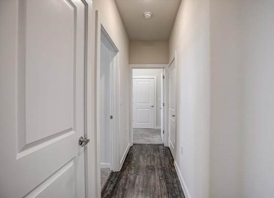 Interior hallway with wood-style flooring and multiple white doors.