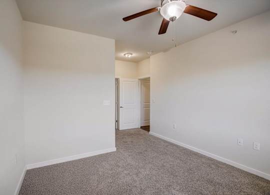 Spacious carpeted bedroom with ceiling fan and walk-in closet entry.