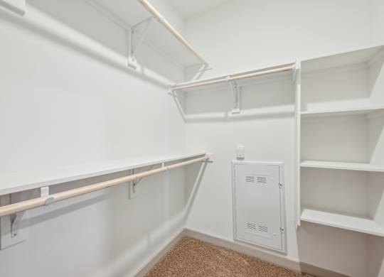 A white closet with shelves and a white electrical box on the wall.