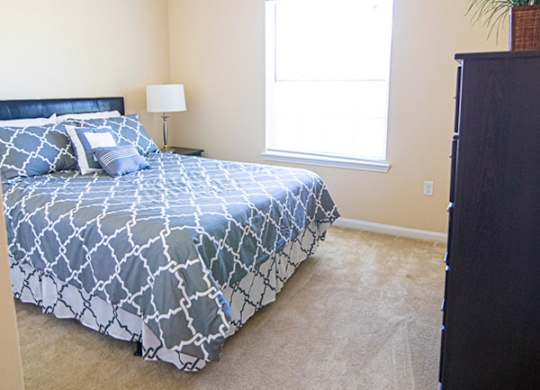 A bedroom with a bed, dresser, and window.