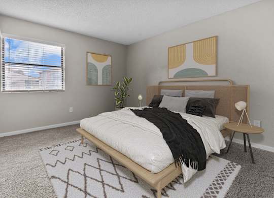 a bedroom with a bed and a window and a rug
