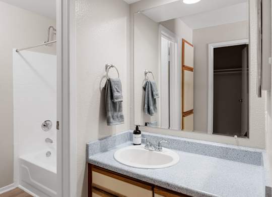 Bathroom with extended vanity, large mirror, and tub-shower combination in a bright neutral palette.
