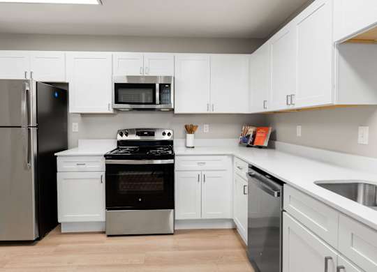 Modern kitchen featuring white shaker cabinets, stainless steel appliances, and expansive countertop workspace.