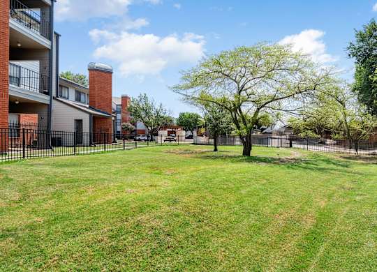 Open grassy dog park with mature trees and fenced community grounds at Heritage at Valley Ranch.