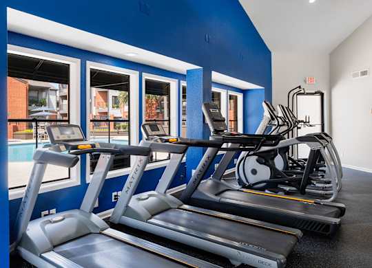 Fitness center with treadmills, ellipticals, and large windows overlooking the pool courtyard.