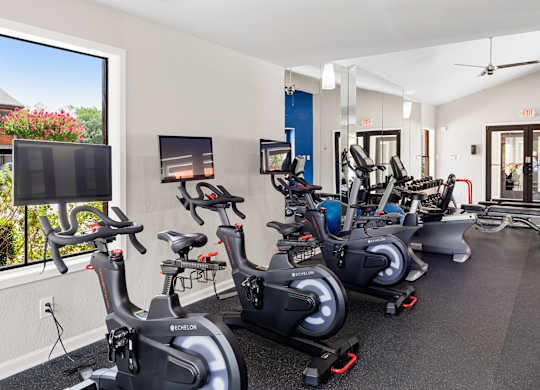 Modern fitness room with stationary bikes, cardio equipment, and bright natural light.