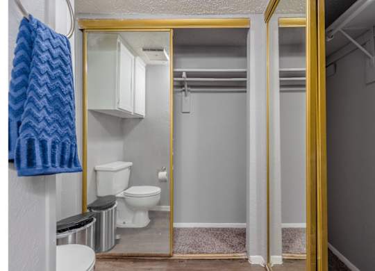 A bathroom with a toilet, a mirror, and a blue towel hanging on the wall.