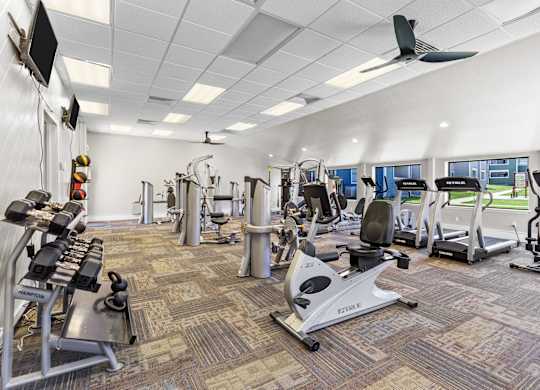a large fitness room with treadmills and other exercise equipment