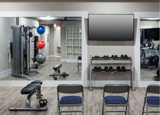 the gym is equipped with weights and a television