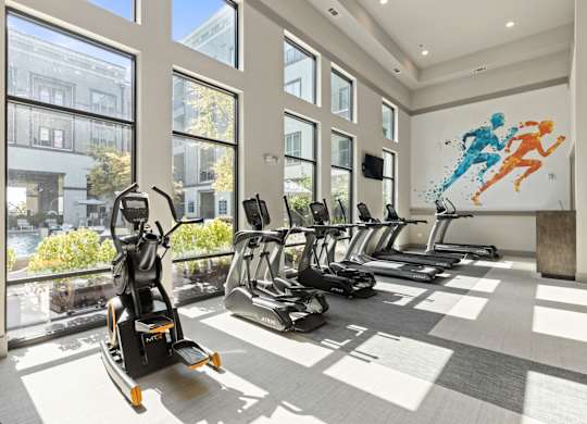 A gym with treadmills and exercise bikes.