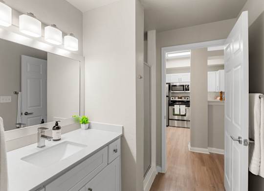 Bright bathroom vanity with white cabinetry, framed mirror, and adjacent glass shower entry.