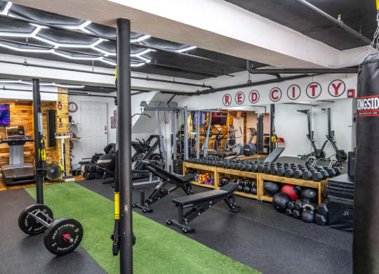 Free weights and other gym equipment at Red City Fitness, Allston MA