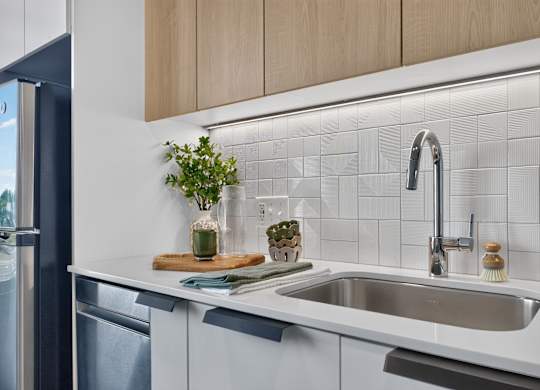 A kitchen with a white sink and a plant on the counter at The Indie in Allston.